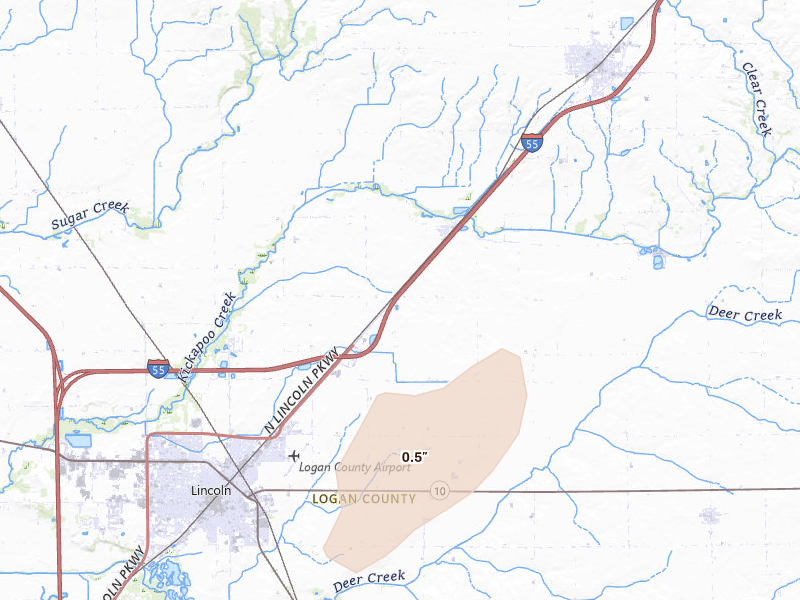 Radar-estimated hail-size map of the storm over Lincoln, IL on Jul 2, 2026