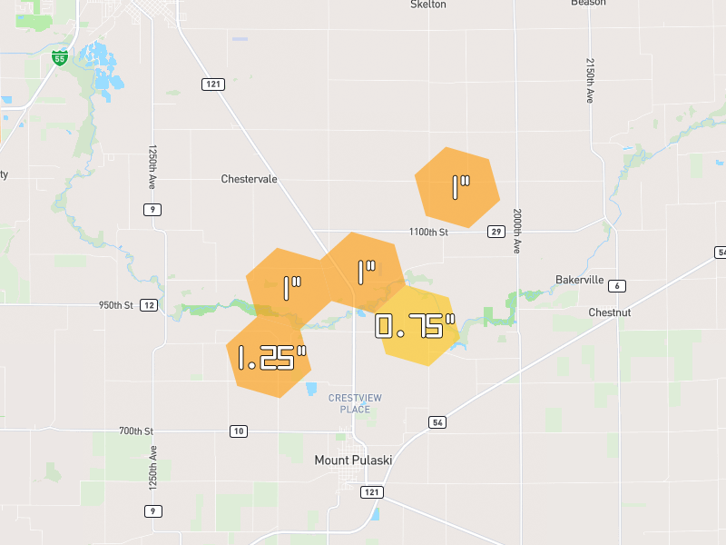 Hail map of Lincoln, IL on Jul 4, 2026, hail up to 1.25"