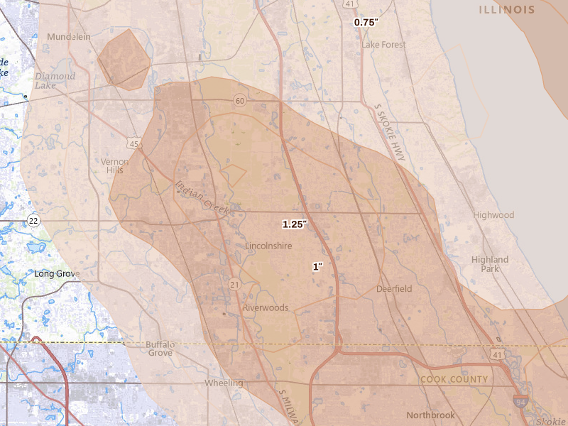 Radar-estimated hail-size map of the storm over Lincolnshire, IL on Jul 27, 2026