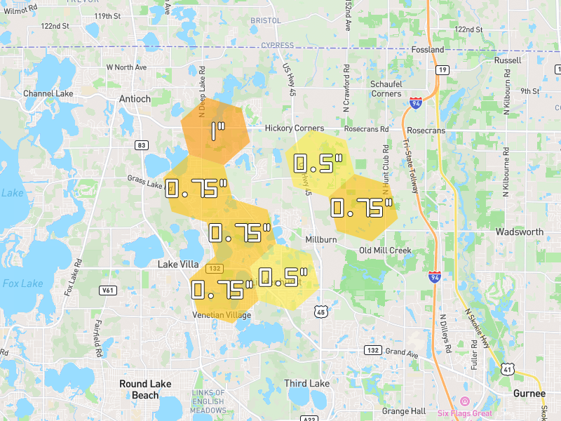 Hail map of Lindenhurst, IL on Jul 3, 2026, hail up to 1"