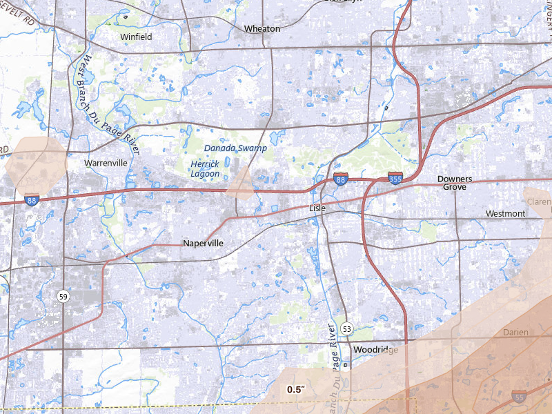 Radar-estimated hail-size map of the storm over Lisle, IL on Mar 10, 2026