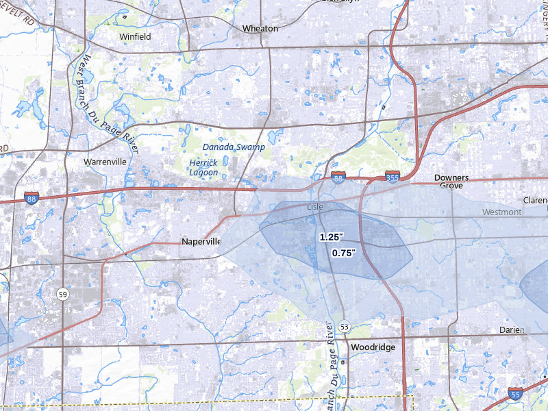 NEXRAD radar-signature map of the hail over Lisle, IL