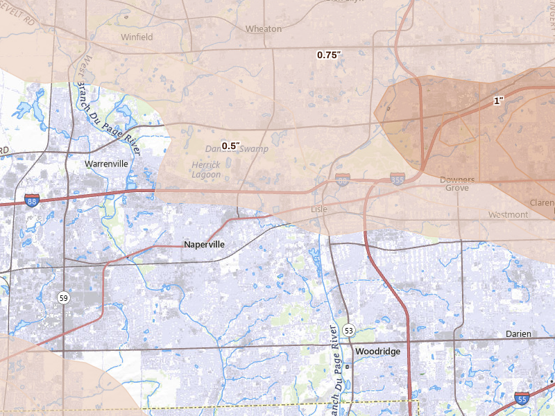 Radar-estimated hail-size map of the storm over Lisle, IL on Mar 30, 2026