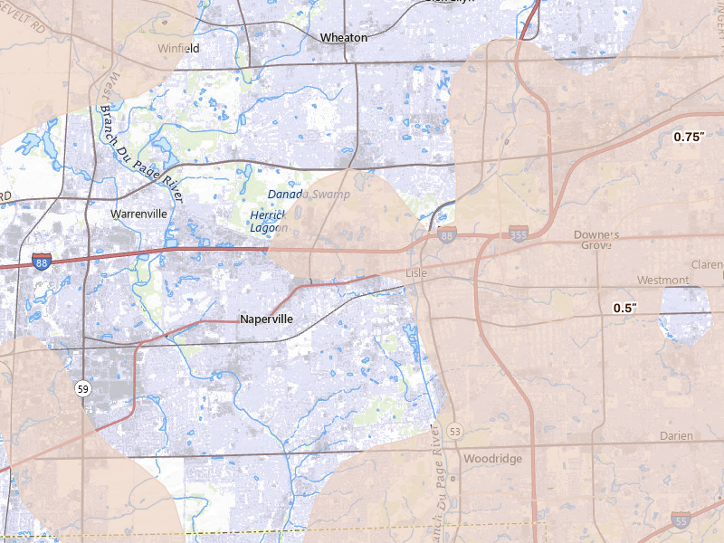 Radar-estimated hail-size map of the storm over Lisle, IL on Jun 10, 2026