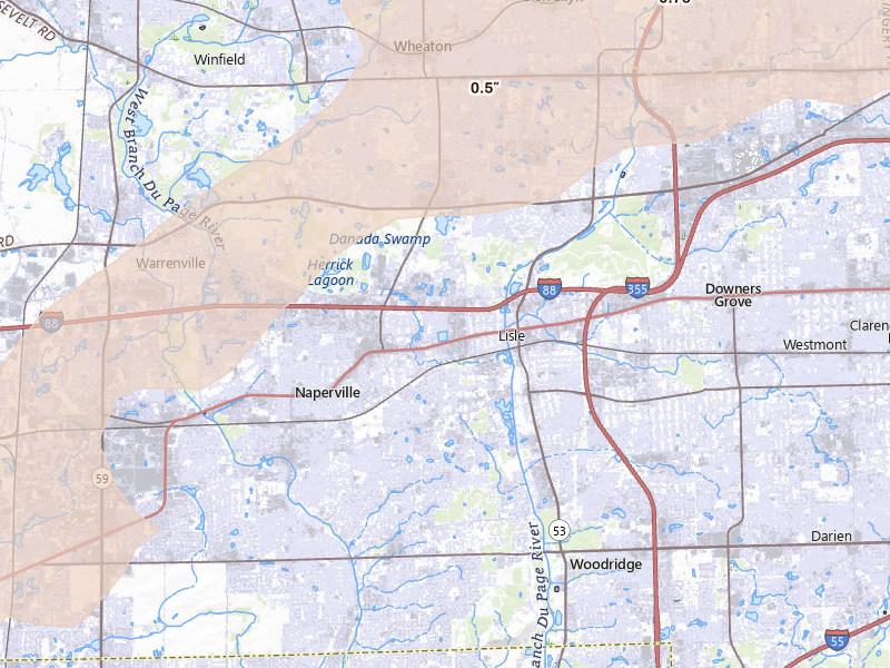Radar-estimated hail-size map of the storm over Lisle, IL on Jul 2, 2026