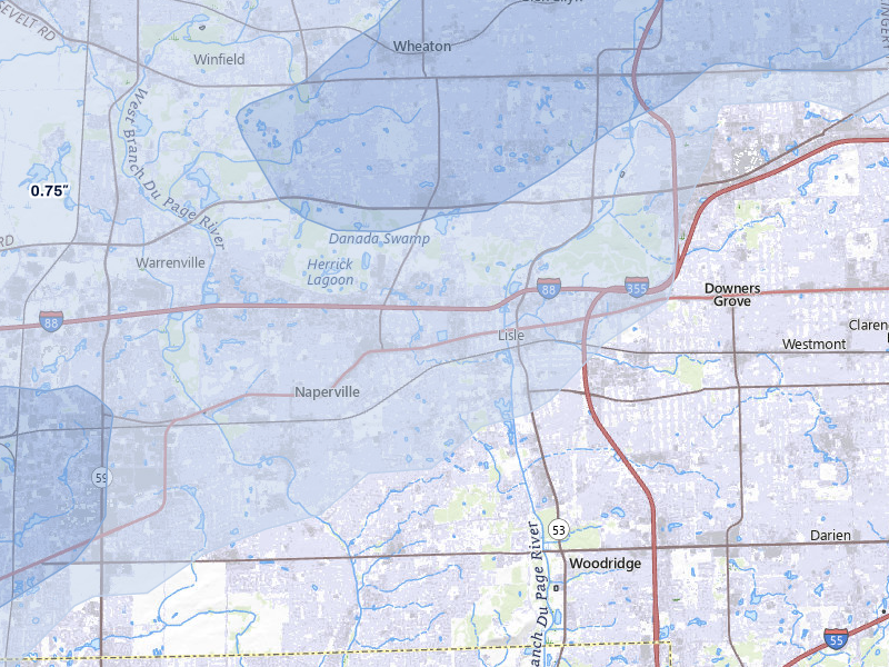 NEXRAD radar-signature map of the hail over Lisle, IL