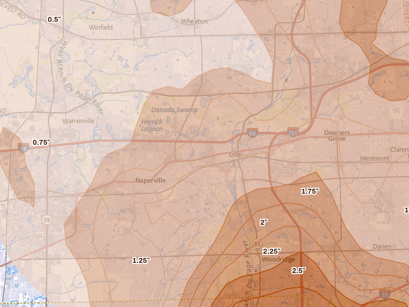 Radar-estimated hail-size map of the storm over Lisle, IL on Jul 27, 2026