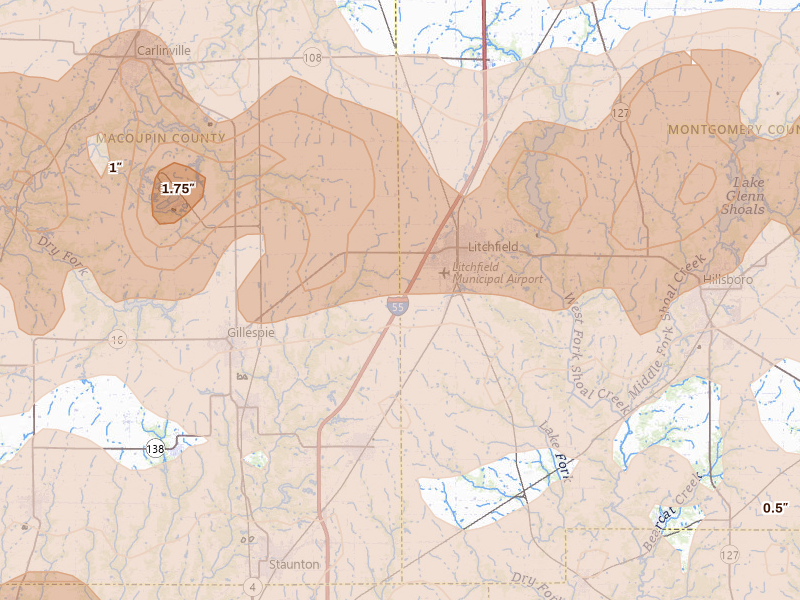 Radar-estimated hail-size map of the storm over Litchfield, IL on Apr 27, 2026