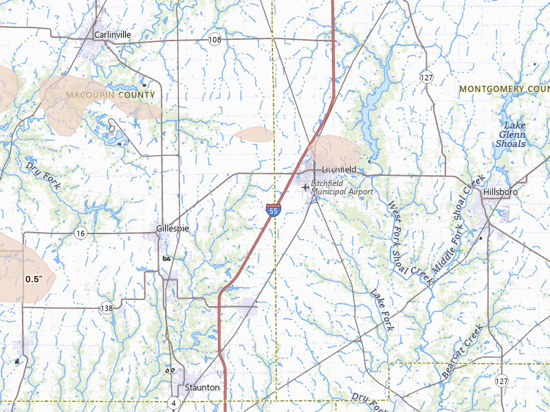 Radar-estimated hail-size map of the storm over Litchfield, IL on May 3, 2026