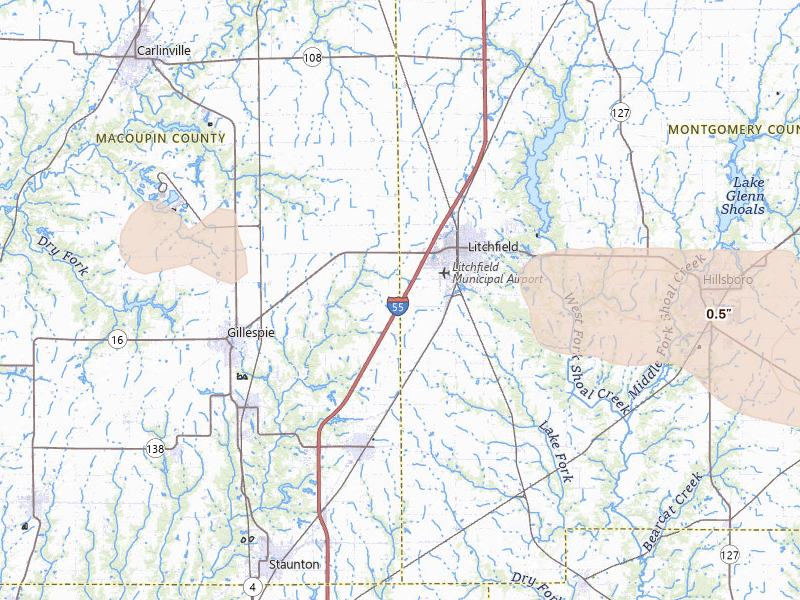 Radar-estimated hail-size map of the storm over Litchfield, IL on May 4, 2026