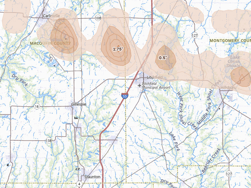 Radar-estimated hail-size map of the storm over Litchfield, IL on Jun 17, 2026