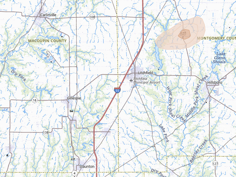 Radar-estimated hail-size map of the storm over Litchfield, IL on Jul 9, 2026