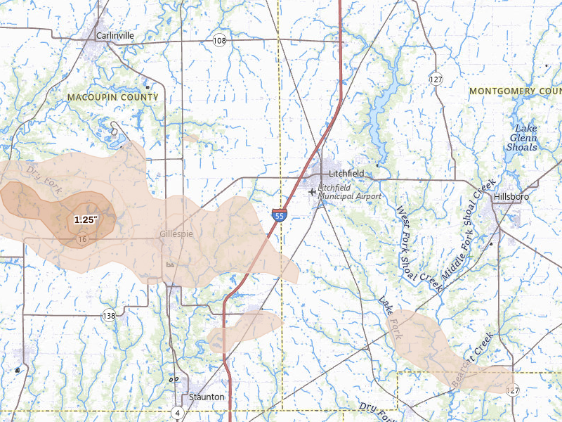 Radar-estimated hail-size map of the storm over Litchfield, IL on Jul 10, 2026