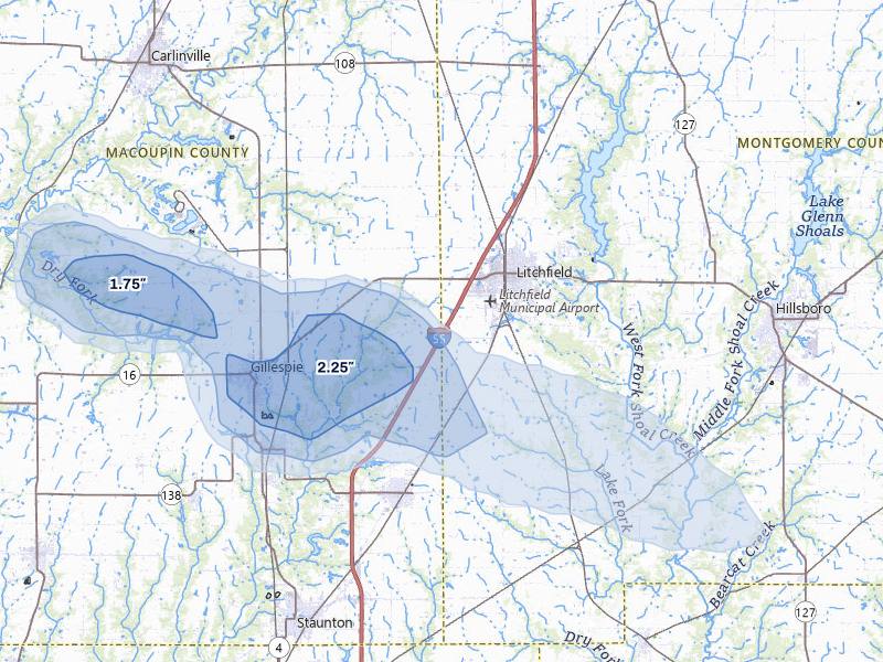NEXRAD radar-signature map of the hail storm over Litchfield, IL on Jul 10, 2026