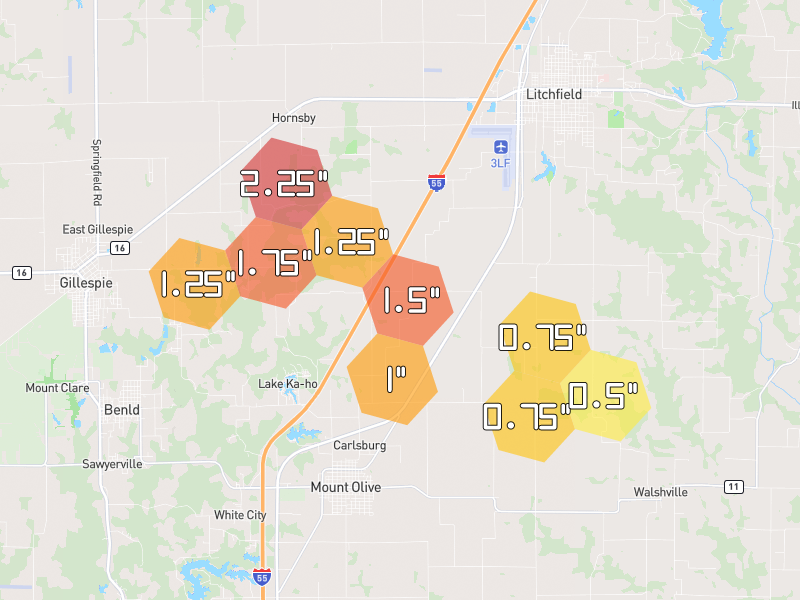 Hail map of Litchfield, IL on Jul 10, 2026, hail up to 2.25"