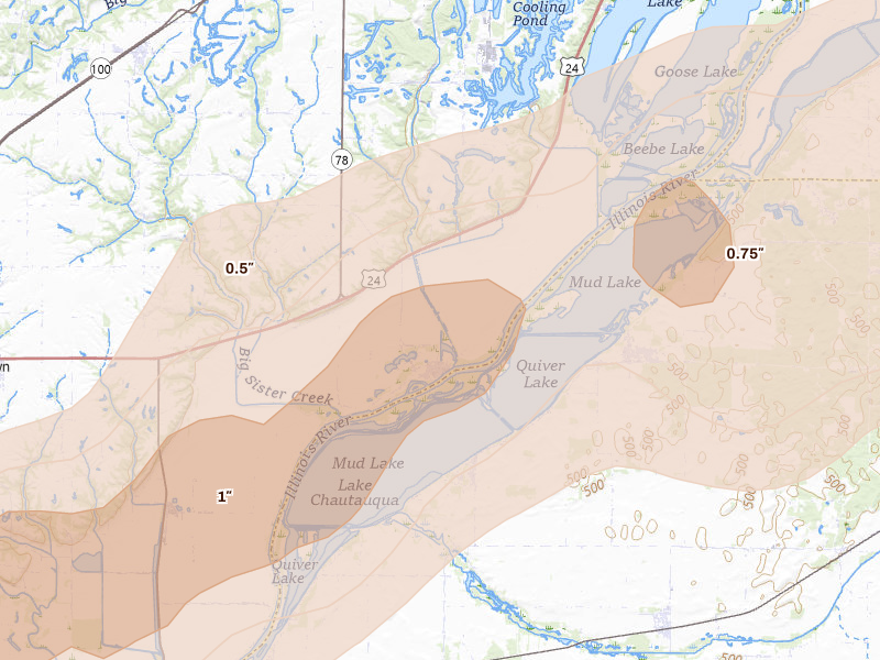 Radar-estimated hail-size map of the storm over Liverpool, IL on Mar 10, 2026