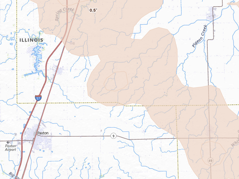 Radar-estimated hail-size map of the storm over Loda, IL on Aug 11, 2026