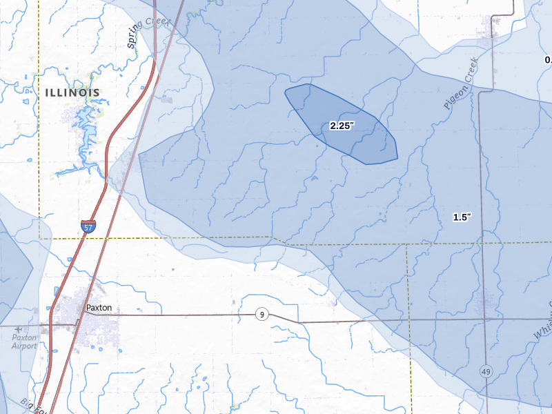 NEXRAD radar-signature map of the hail storm over Loda, IL on Aug 11, 2026