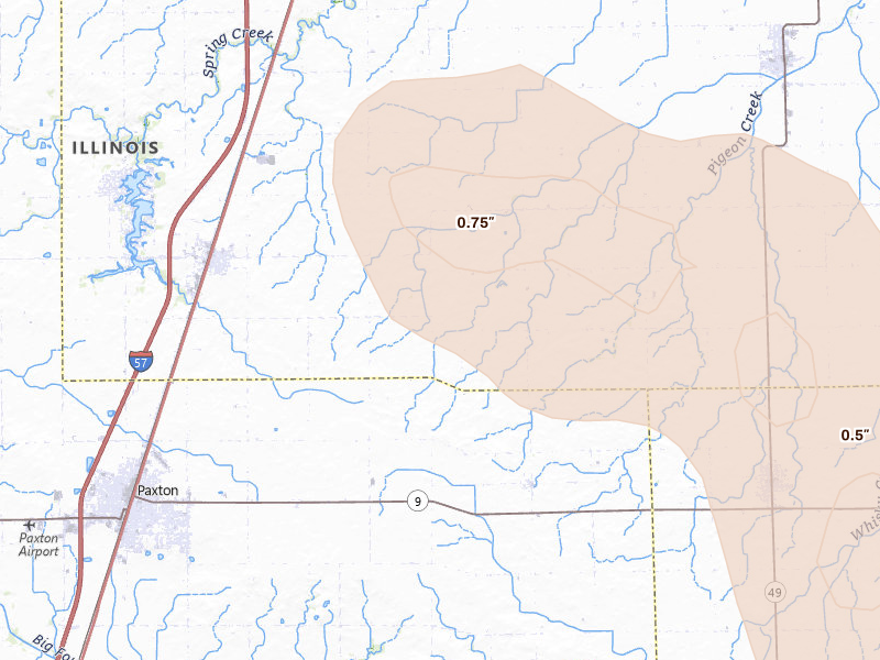 Radar-estimated hail-size map of the storm over Loda, IL on Aug 13, 2026