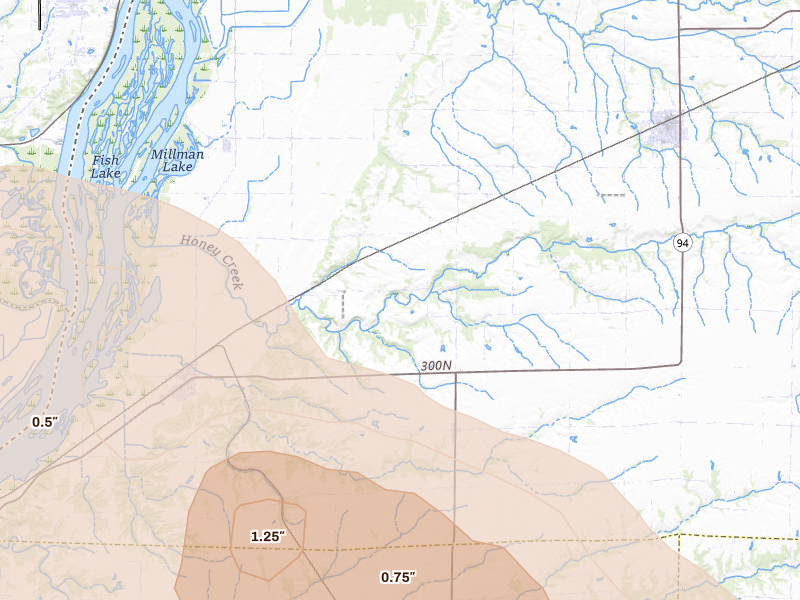 Radar-estimated hail-size map of the storm over Lomax, IL on May 4, 2026