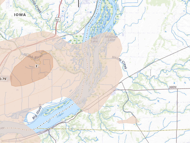 Radar-estimated hail-size map of the storm over Lomax, IL on Aug 12, 2026