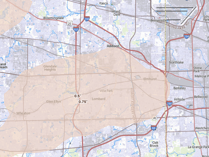 Radar-estimated hail-size map of the storm over Lombard, IL on Jul 2, 2026