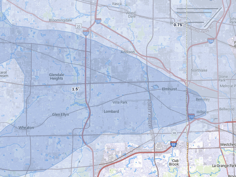 NEXRAD radar-signature map of the hail over Lombard, IL