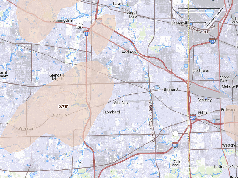 Radar-estimated hail-size map of the storm over Lombard, IL on Jul 3, 2026
