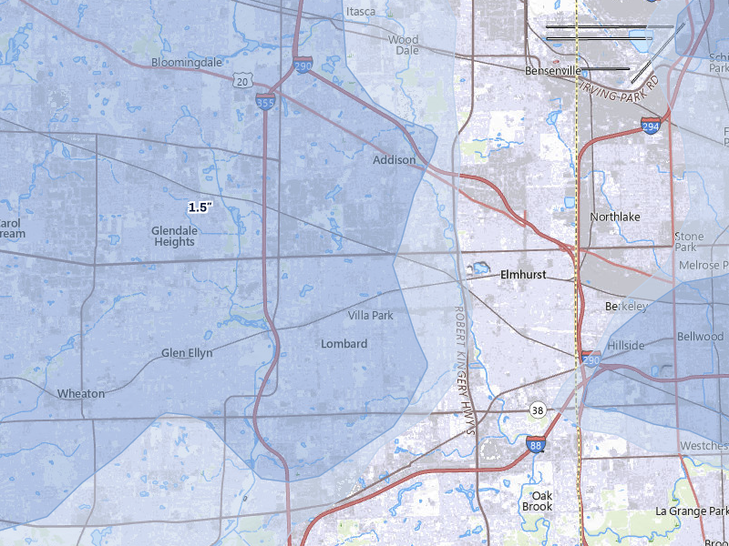 NEXRAD radar-signature map of the hail storm over Lombard, IL on Jul 3, 2026