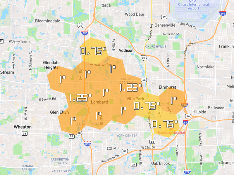 Hail map of Lombard, IL on Jul 3, 2026, hail up to 1.25"