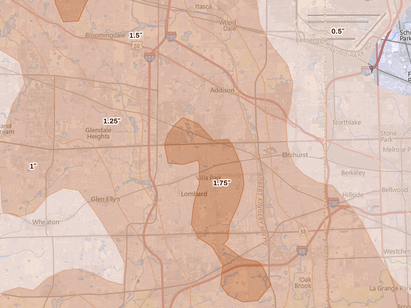 Radar-estimated hail-size map of the storm over Lombard, IL on Jul 27, 2026