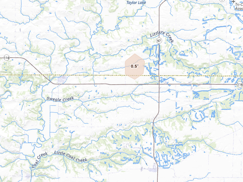 Radar-estimated hail-size map of the storm over London Mills, IL on Mar 31, 2026