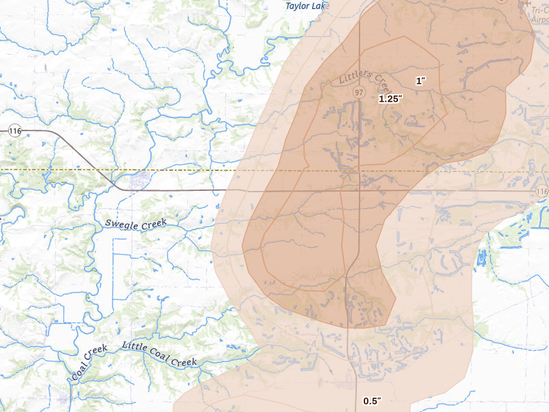 Radar-estimated hail-size map of the storm over London Mills, IL on Apr 17, 2026