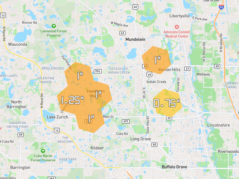 Hail map of Long Grove, IL on Jun 6, 2026, hail up to 1.25"