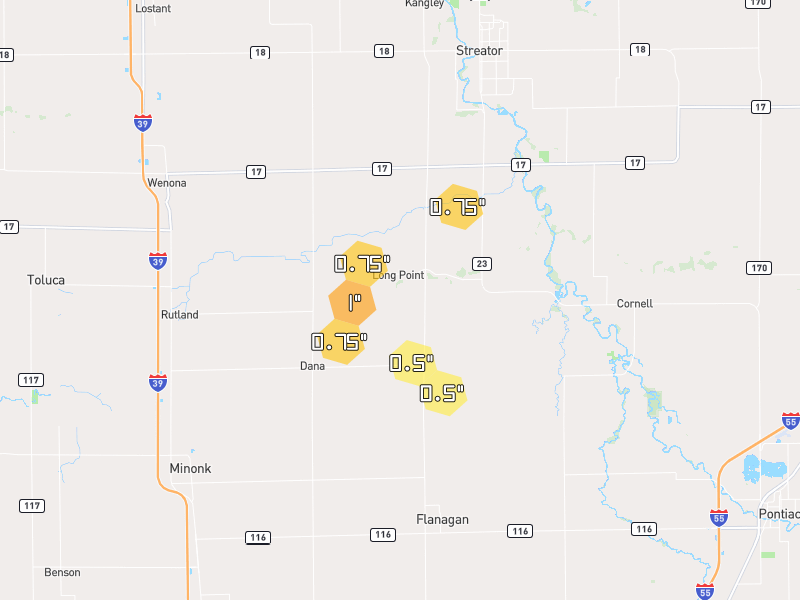 Hail map of Long Point, IL on Jun 6, 2026, hail up to 1"