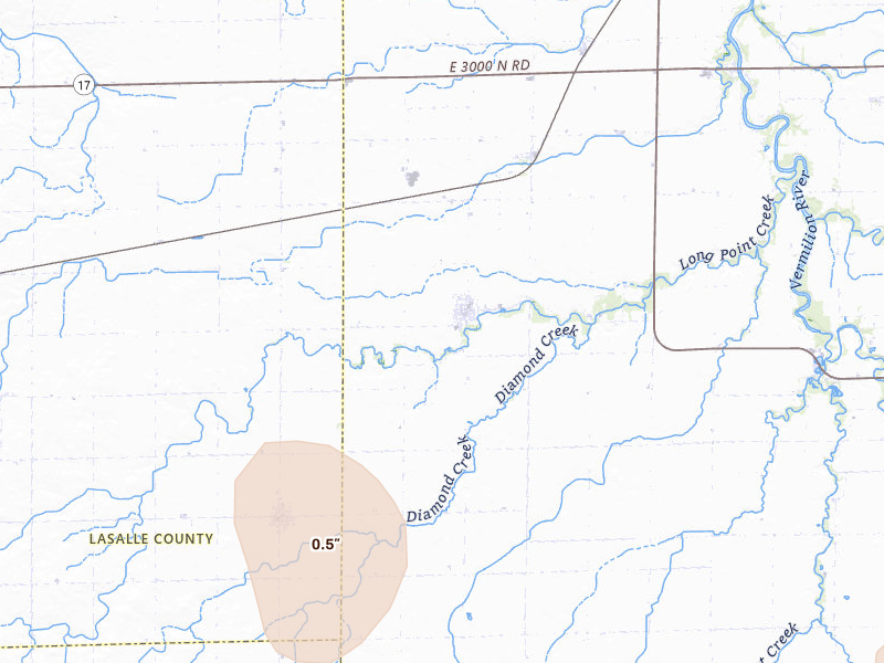 Radar-estimated hail-size map of the storm over Long Point, IL on Jul 4, 2026