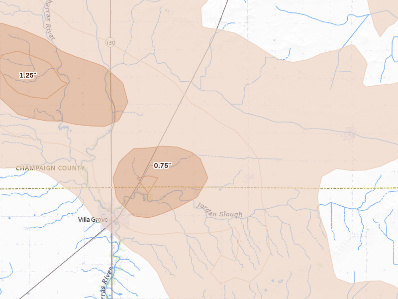 Radar-estimated hail-size map of the storm over Longview, IL on Aug 11, 2026
