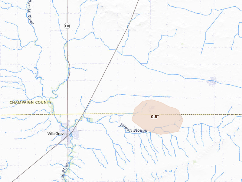 Radar-estimated hail-size map of the storm over Longview, IL on Aug 16, 2026