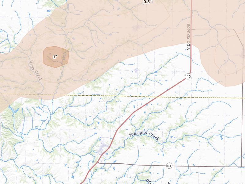 Radar-estimated hail-size map of the storm over Loraine, IL on Jun 11, 2026