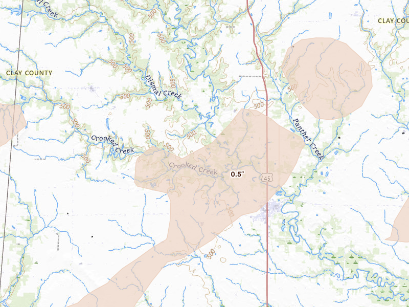 Radar-estimated hail-size map of the storm over Louisville, IL on Apr 27, 2026