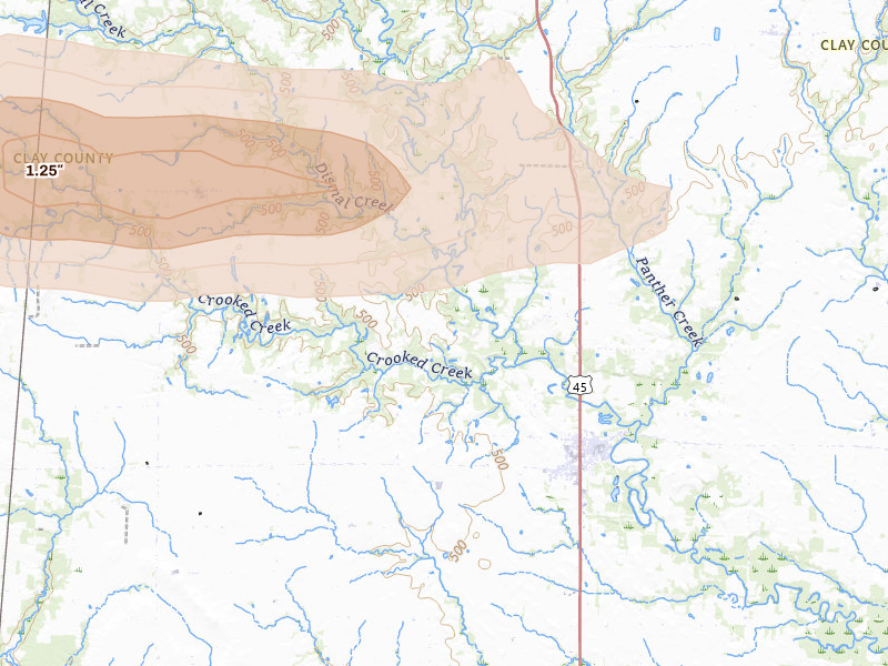 Radar-estimated hail-size map of the storm over Louisville, IL on May 4, 2026