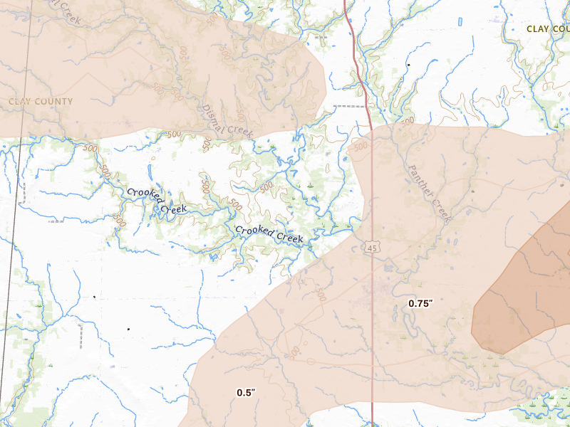 Radar-estimated hail-size map of the storm over Louisville, IL on May 16, 2026