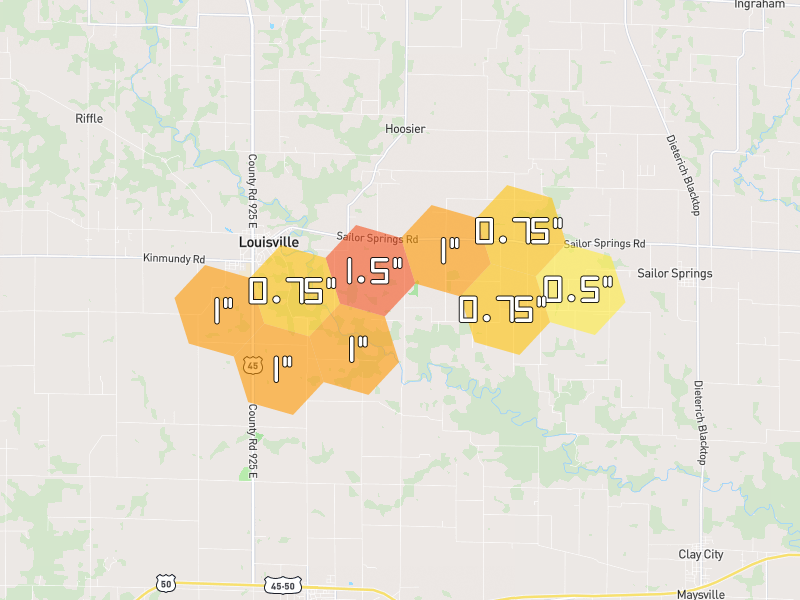 Hail map of Louisville, IL on Jul 3, 2026, hail up to 1.5"