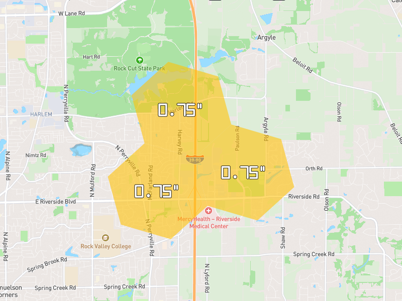 Hail map of Loves Park, IL on Jun 6, 2026, hail up to 0.75"