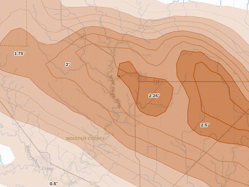 Radar-estimated hail-size map of the storm over Lovington, IL on Jun 17, 2026