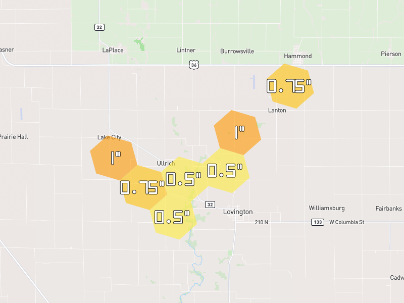 Hail map of Lovington, IL on Jul 4, 2026, hail up to 1"