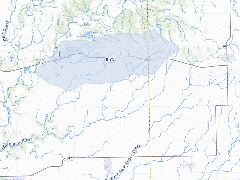 NEXRAD radar-signature map of the hail over Mackinaw, IL