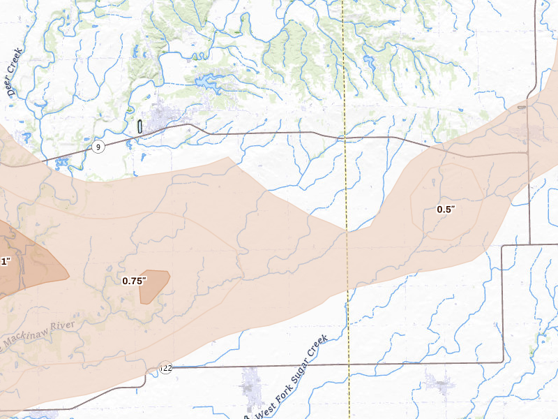 Radar-estimated hail-size map of the storm over Mackinaw, IL on Apr 3, 2026