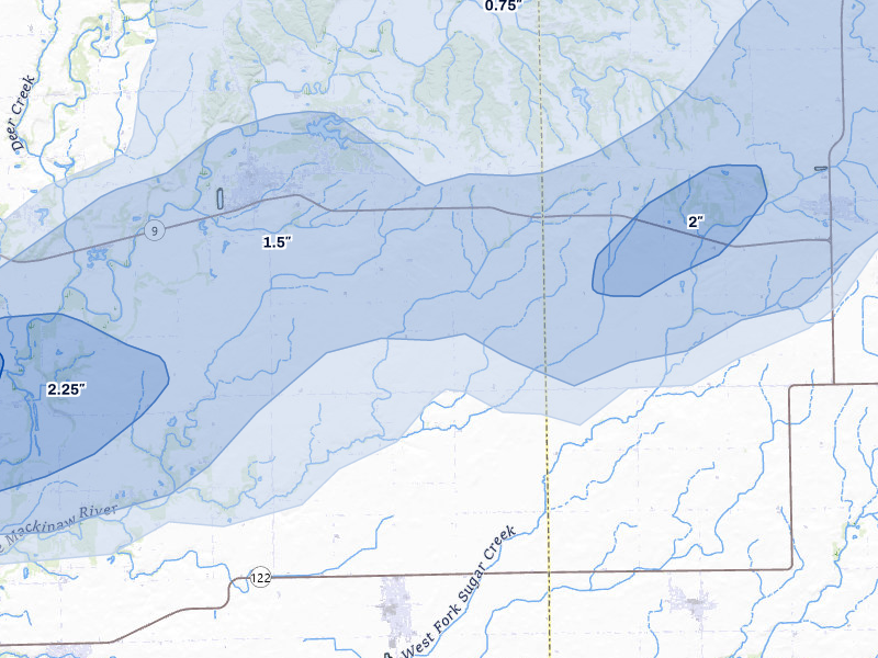 NEXRAD radar-signature map of the hail over Mackinaw, IL