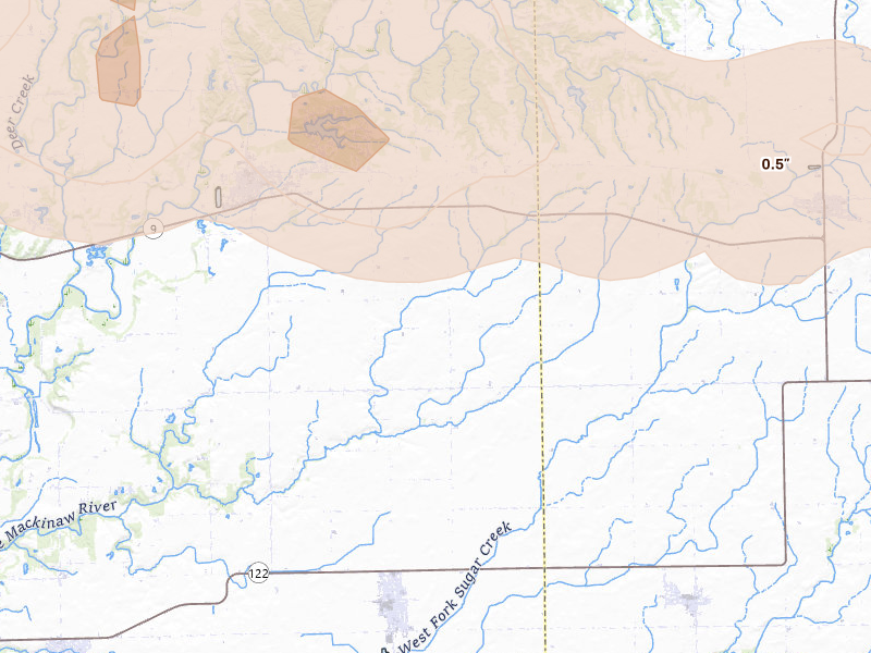 Radar-estimated hail-size map of the storm over Mackinaw, IL on Aug 13, 2026